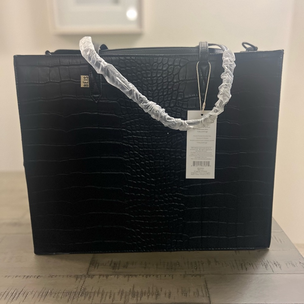 Beis Large Work Tote in Black Croc